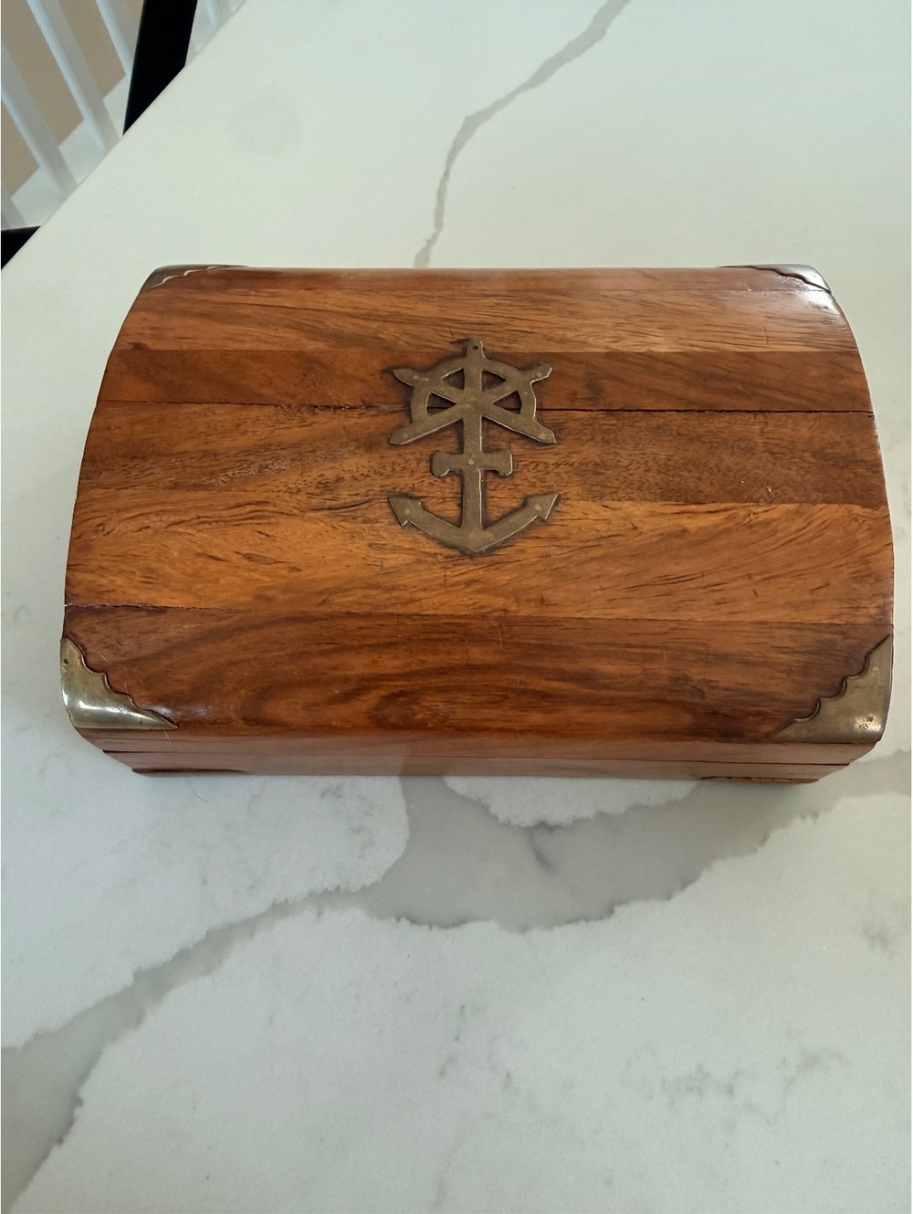 Vintage Wooden Jewelry Box with Brass Anchor Inlay
